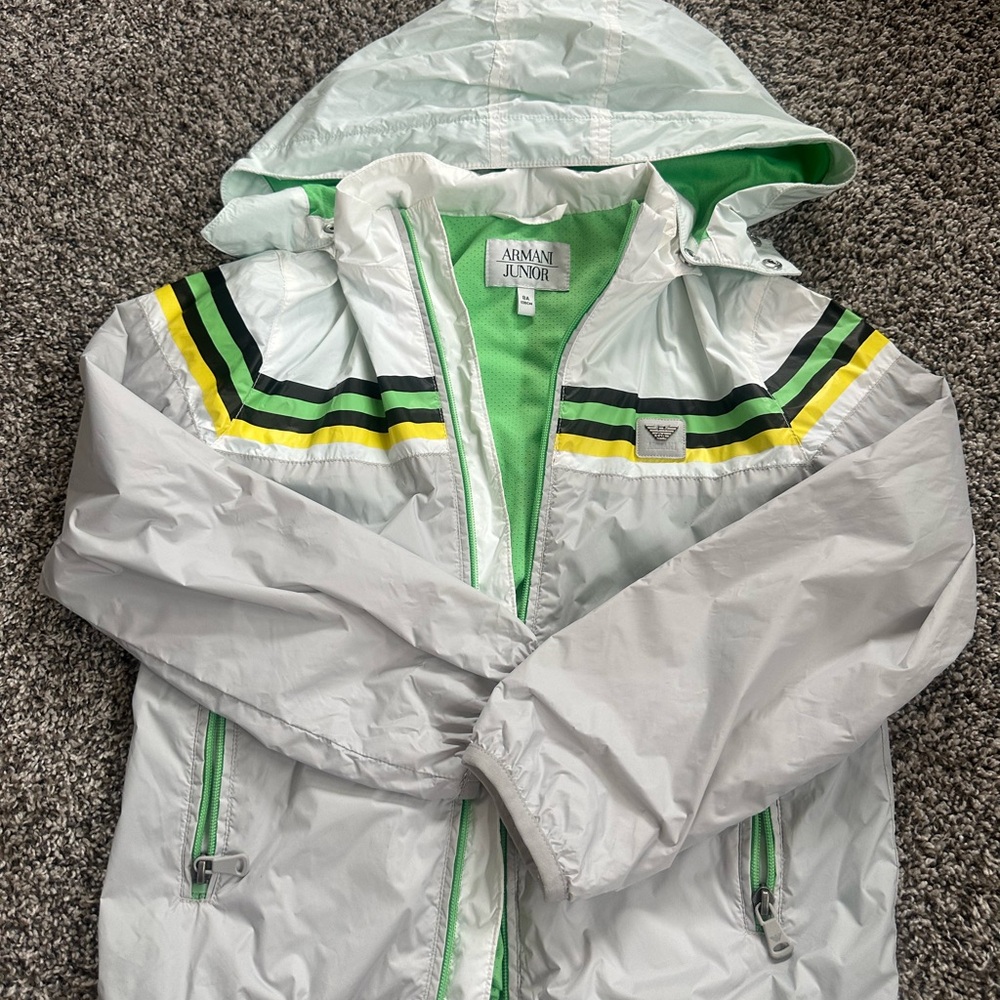 Armani Junior White and Green Hooded Jacket
